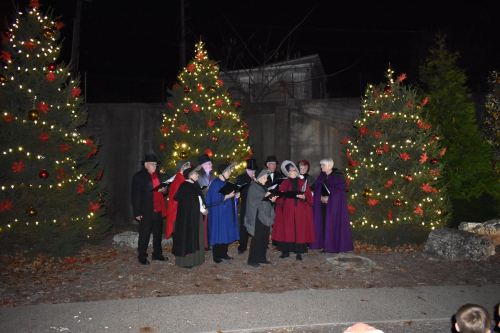 A group of carolers in festive attire sings near decorated Christmas trees at night.