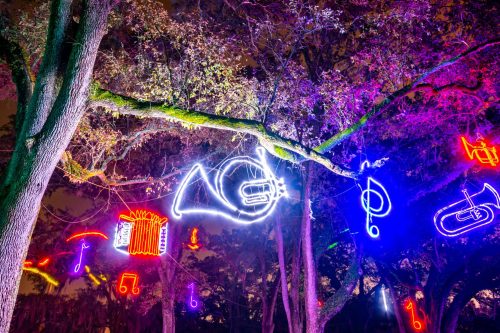 Colorful neon musical instruments and notes illuminated among trees at night, creating a festive atmosphere.