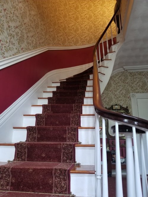 A winding staircase with a red carpet, surrounded by floral wallpaper and a wooden railing.