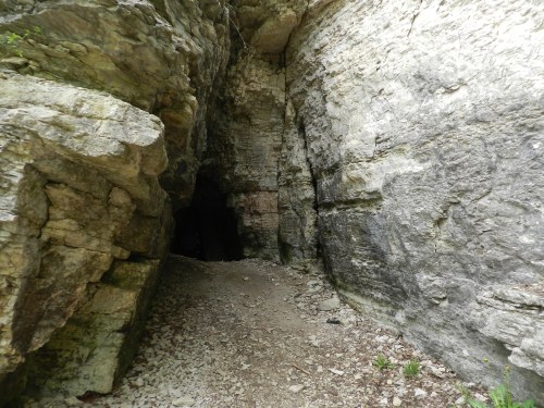 A rocky cave entrance with a dirt path leading inside, surrounded by textured stone walls and sparse vegetation.