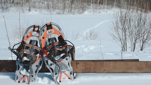 A pair of orange and gray snowshoes resting on a wooden fence, with a snowy landscape and trees in the background.