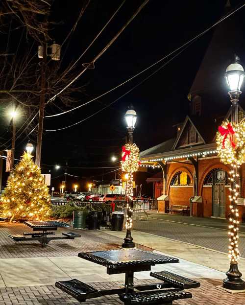 A festive street scene at night with a decorated tree, lit lampposts, and a historic building adorned with holiday lights.