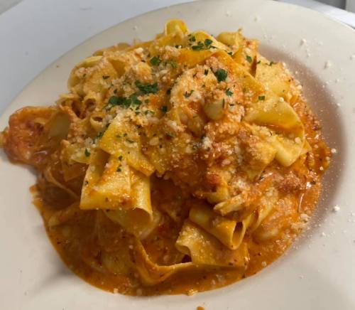 A plate of pappardelle pasta topped with a creamy tomato sauce and sprinkled with grated cheese and herbs.