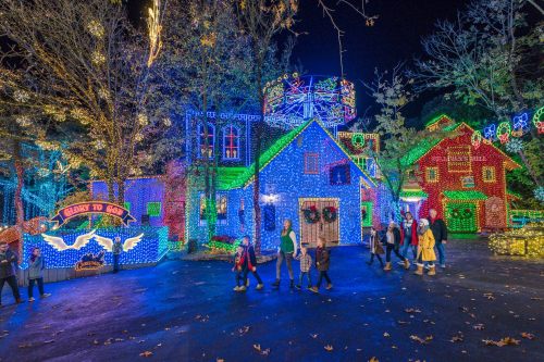 A colorful display of holiday lights illuminates a festive village as people stroll through the decorated area at night.