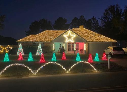 A house decorated with colorful Christmas lights, featuring a star and illuminated trees in the yard at night.