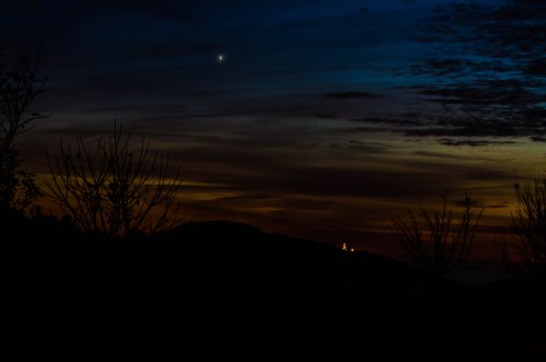 Silhouetted trees against a twilight sky with clouds, featuring a bright star and distant lights on a hill.