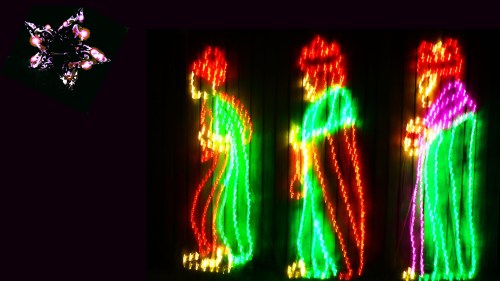Three colorful, illuminated figures in green, red, and purple, with a decorative star in the top left corner.