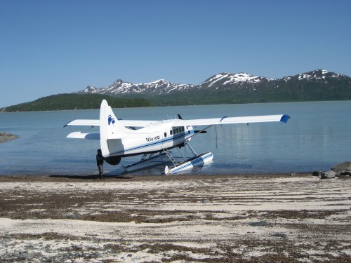 A seaplane on a sandy shore with mountains in the background and clear blue water.