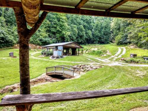 A serene landscape featuring a wooden bridge, a rustic building, and lush greenery surrounded by trees.