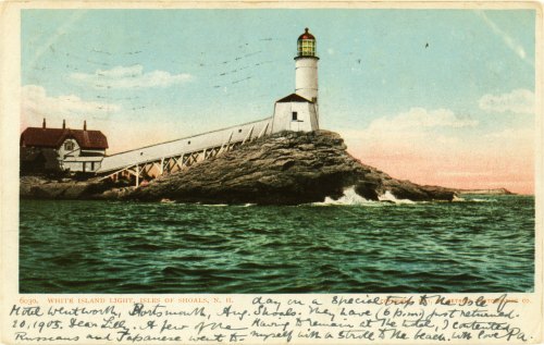 A vintage postcard of White Island Light, Isles of Shoals, NH, featuring a lighthouse and rocky coastline.