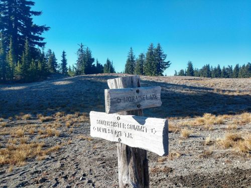 Wooden signpost indicating directions to Moraine Lake and the South Sister Summit, surrounded by a clear blue sky and trees.