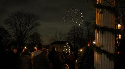 Crowd watching fireworks against a dark sky, with trees and a decorated building in the background.