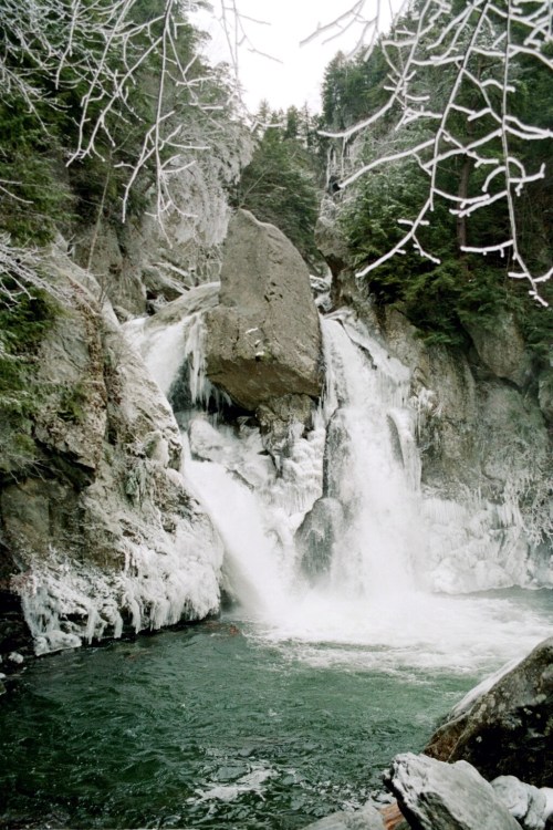 A frozen waterfall cascades over rocky cliffs into a green pool, surrounded by icy trees and rugged terrain.