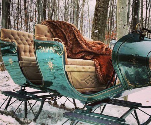 A vintage sleigh with plush seating and a cozy blanket, set against a snowy forest backdrop.