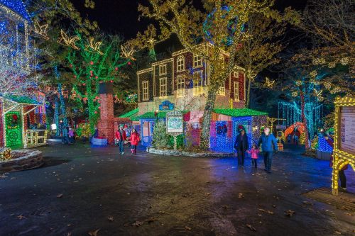A festive scene with colorful holiday lights adorning trees and buildings, creating a cheerful nighttime atmosphere.