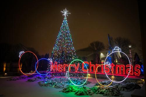 A brightly lit Christmas tree with colorful lights and a "Merry Christmas" sign in a snowy night setting.