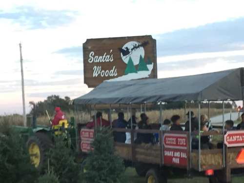 A tractor-pulled wagon filled with people passes by a sign for "Santa's Woods" amidst trees and a sunset sky.