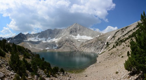 A panoramic view of a serene mountain lake surrounded by rocky terrain and lush greenery under a partly cloudy sky.