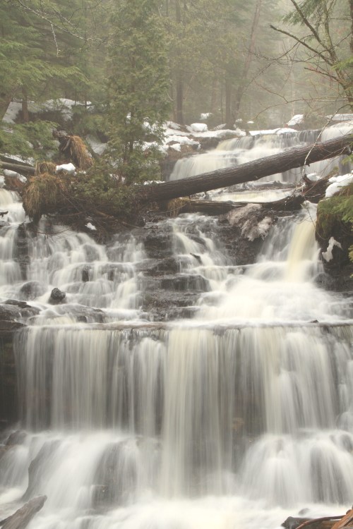 A serene waterfall cascades over rocky steps, surrounded by lush greenery and remnants of snow in a misty forest.