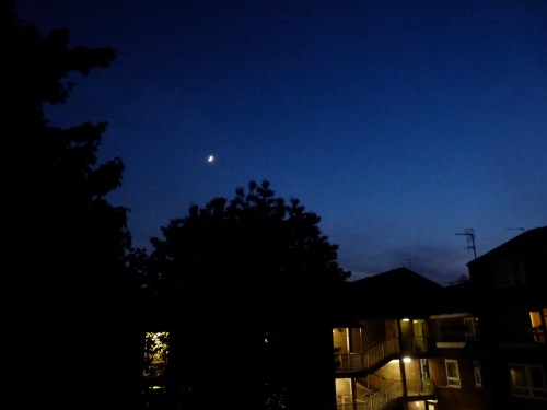 A twilight scene featuring a crescent moon above dark silhouettes of trees and buildings.