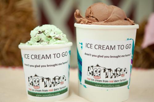 Two cups of ice cream: one mint chocolate chip and one chocolate, both labeled "Ice Cream To Go" with a playful logo.