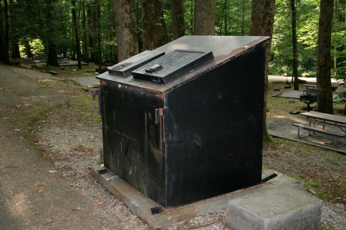 A black bear-proof dumpster in a wooded area, surrounded by gravel and trees, with picnic tables in the background.