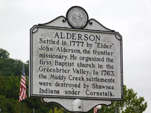 Historical marker for Alderson, established in 1777 by John Alderson, detailing its significance and early settlements.