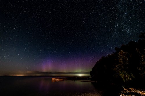 A starry night sky with vibrant auroras reflecting on calm water near a wooded shoreline.
