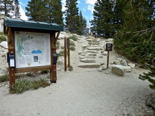 Trailhead sign with map and information, leading to a rocky path marked "Hikers Only" surrounded by trees.