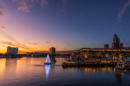 A sunset over a waterfront city, featuring a lit Christmas tree and buildings reflecting on the water.