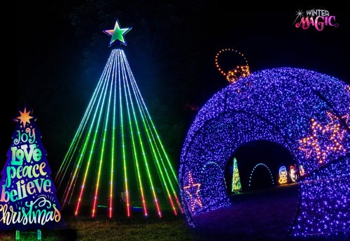 Colorful Christmas lights form a tree and a glowing arch, creating a festive holiday atmosphere.