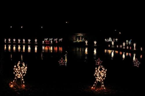 A serene night scene featuring festive lights reflecting on a pond, with illuminated decorations and stars.
