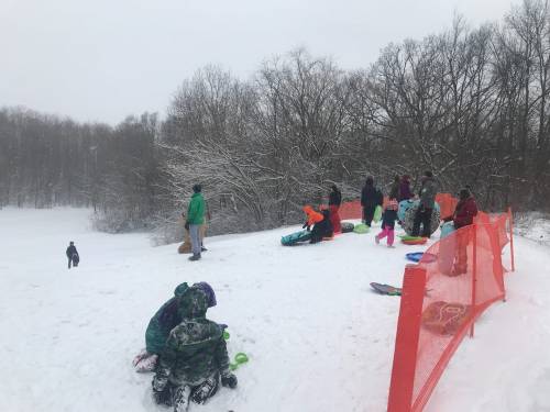 A snowy hill with children and adults sledding, some sitting on the ground, surrounded by trees and a safety fence.