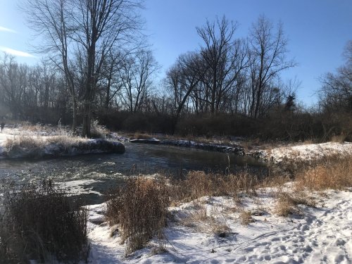 A serene winter scene featuring a partially frozen river surrounded by snow-covered grass and bare trees.