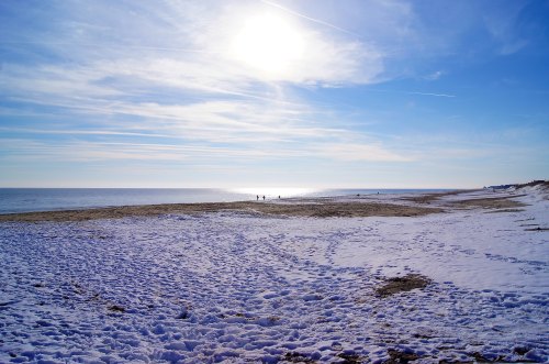 A snowy beach under a bright sun, with a calm ocean and a few people walking in the distance.