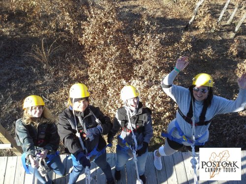 Four people in helmets and harnesses smile and wave from a platform, ready for a zipline adventure.