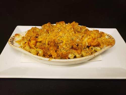 Baked macaroni and cheese topped with a golden, crispy breadcrumb crust, served in a white dish on a plate.