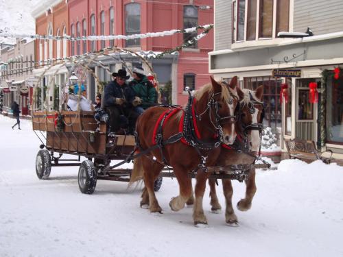 A horse-drawn carriage with passengers travels through a snowy street decorated for the holidays.