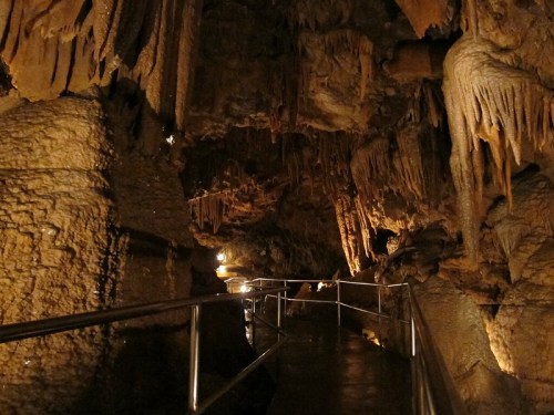 A dimly lit cave interior with stalactites and a metal walkway leading through the rocky formations.