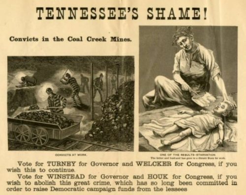 A historical poster titled "Tennessee's Shame!" depicting coal mine convicts and a starving child, urging political action.