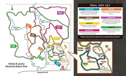 Map of Walter B. Jacobs Memorial Nature Park, showing trails, visitor center, and key for trail types and features.
