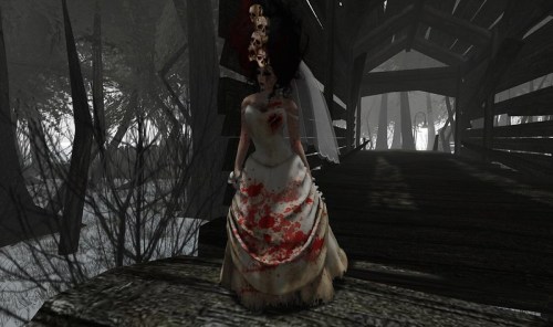 A ghostly bride in a blood-stained wedding dress stands on a dark, eerie bridge surrounded by fog and trees.