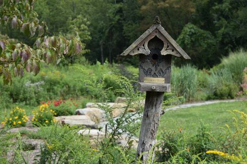 A decorative birdhouse on a post, surrounded by lush greenery and colorful flowers in a serene garden setting.