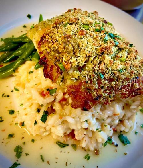 A plate featuring baked fish topped with breadcrumbs, served over creamy risotto and green beans, garnished with herbs.