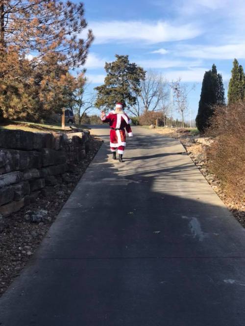 A person dressed as Santa Claus walks down a sunny, tree-lined pathway.