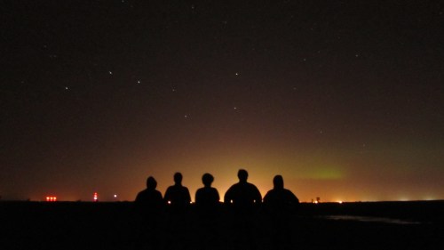 Silhouettes of five people standing against a starry night sky with distant lights and a hint of aurora.