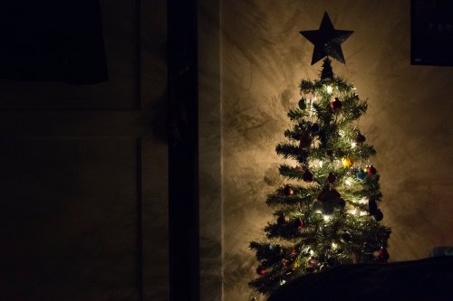A lit Christmas tree with a star on top, adorned with ornaments, casting shadows in a dimly lit room.