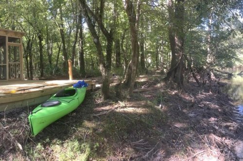 A green kayak rests on the bank of a river, surrounded by lush trees and a wooden platform nearby.