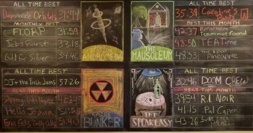 Chalkboard displaying all-time best scores and monthly bests for various games, with colorful illustrations and titles.