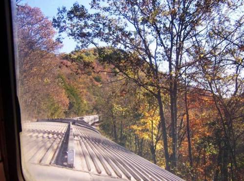 View from a train window showing a winding track through colorful autumn trees.